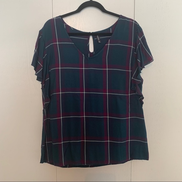 Massini Tops - Massing Ruffle Sleeved Plaid Blouse